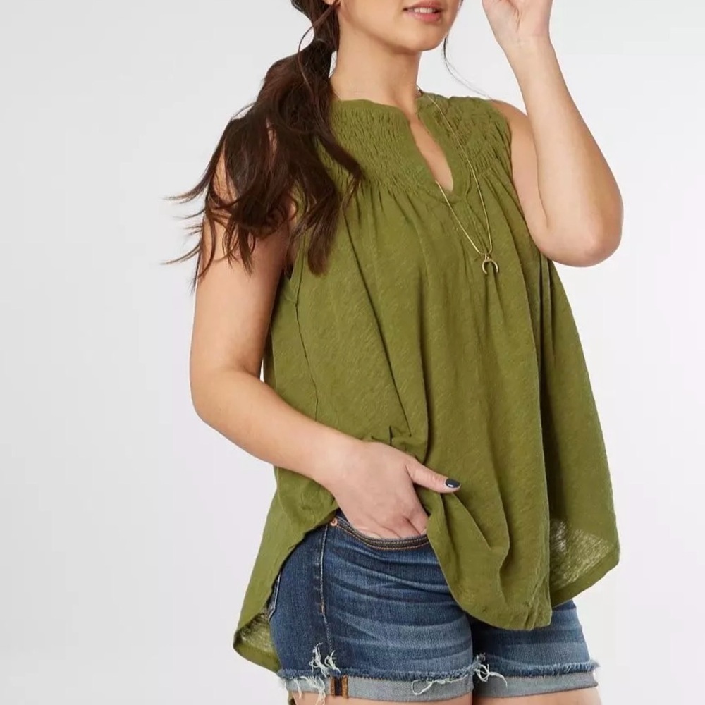 We The Free New To Town Linen Blend Tank Top Green Size S Loose Fit